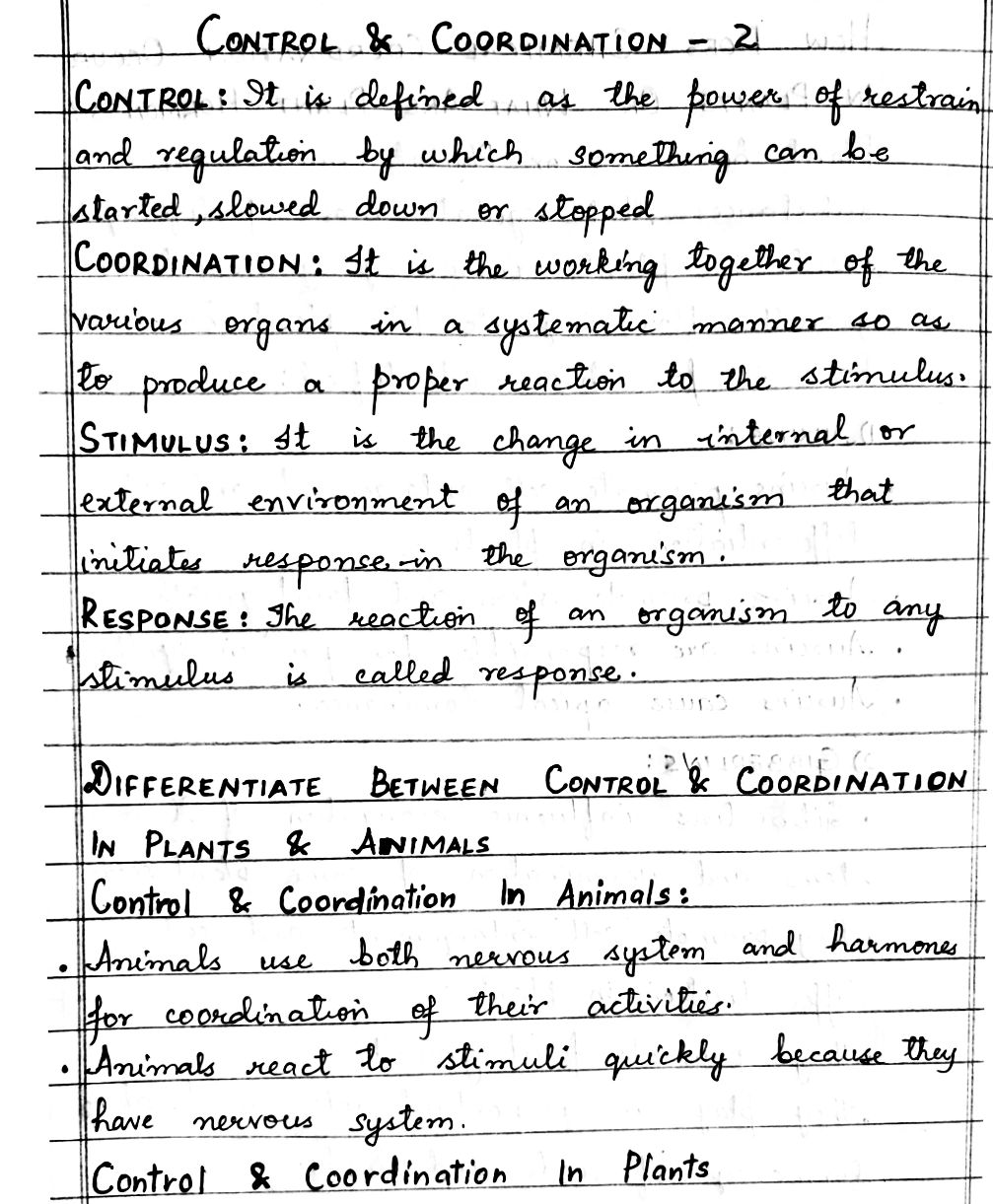Class 10 Science Chapter 7 Control And Coordination Notes Handwritten notes Cbse Jkbose Question answers Pdf download