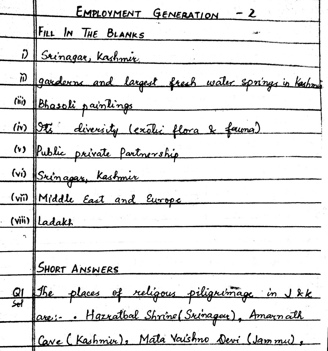 JKBOSE Class 10 Social Science Economics Notes Solutions Chapter 1 Understanding JK Economy employment generation class 10 questions answers Pdf download Economics 10th Book Solutions