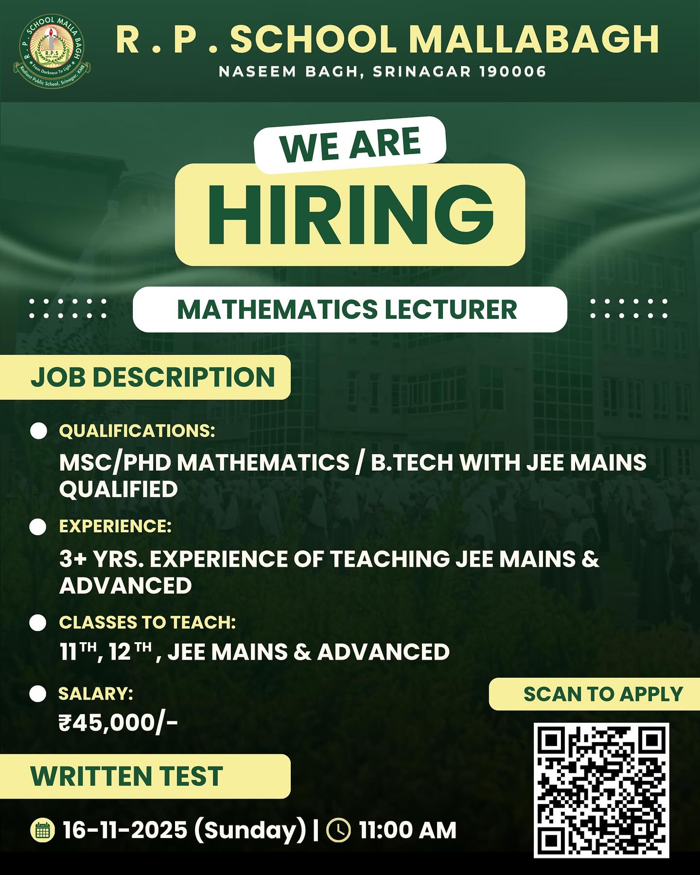 RP School Mallabagh Srinagar Teaching Jobs Recruitment 2026 RP School Jobs