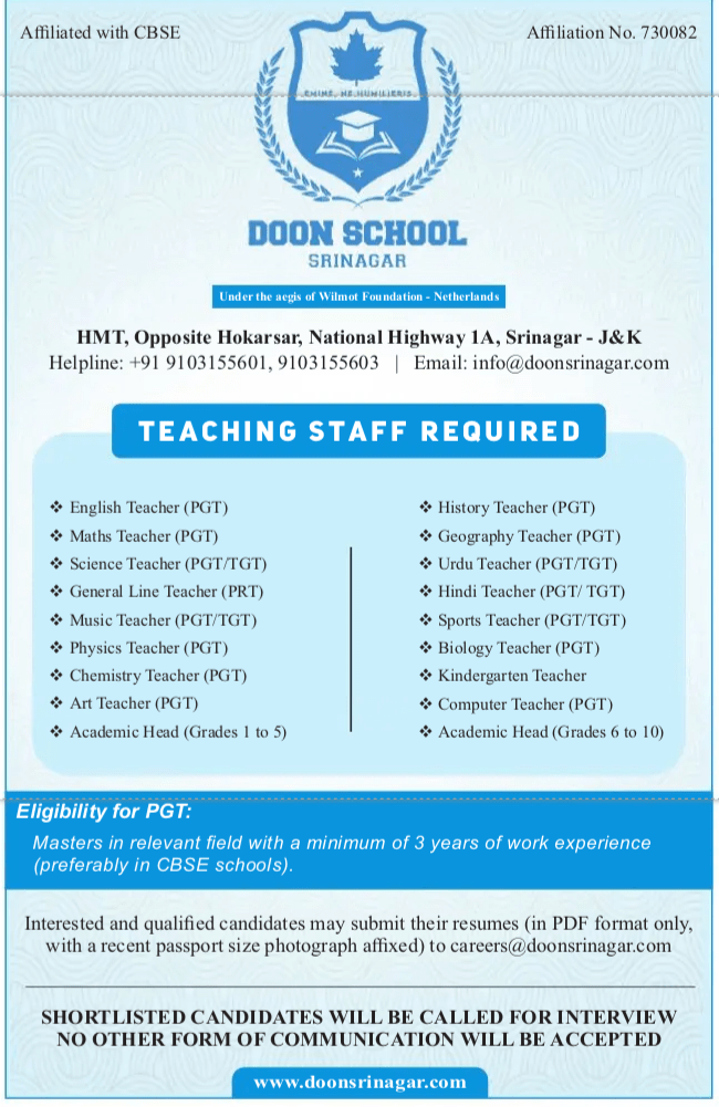Doon School Srinagar Teaching Jobs Recruitment Doon School Hmt Jobs doon school srinagar jobs 2025 2026 Doon International School Hmt Srinagar Job Vacancy Jammu Kashmir Teaching Jobs in Srinagar Hokarsar