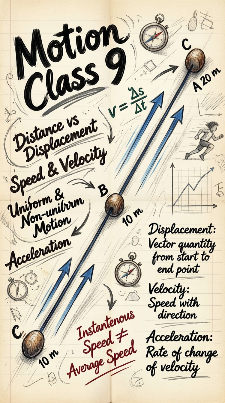 Motion Chapter 1 Handwritten CBSE Science Notes for Class 9th Physics pdf download Class 9 Motion Numerical Questions Answers Motion Textual Questions Answers JKBOSE
