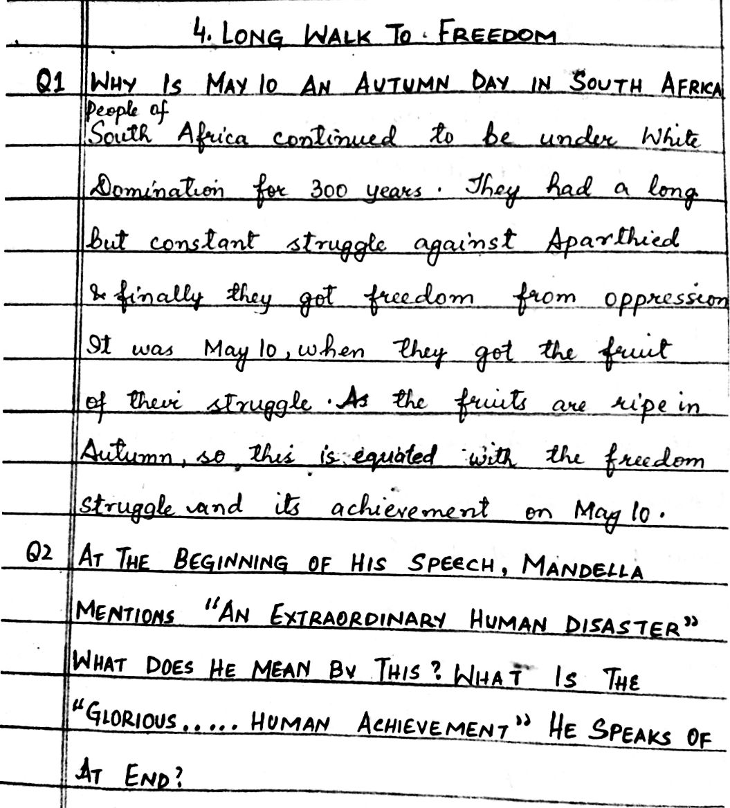 Class 10th JKBOSE English Long Walk To Freedom Question Answers Pdf download handwritten notes Long walk to freedom notes Summary
