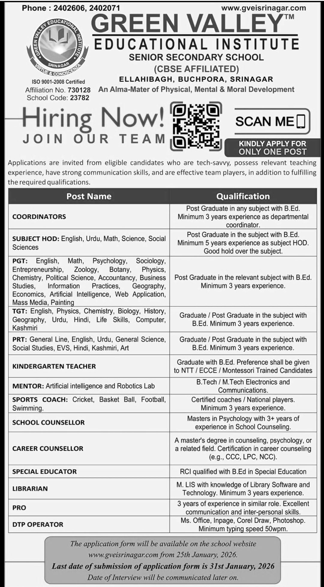 Green Valley Educational Institute Srinagar Jobs Recruitment
2026
Green Valley Srinagar Careers
Teacher Job Vacancy in Green Valley Srinagar
GVEI
buchpora elahi bagh
Non Teaching School Jobs in Srinagar