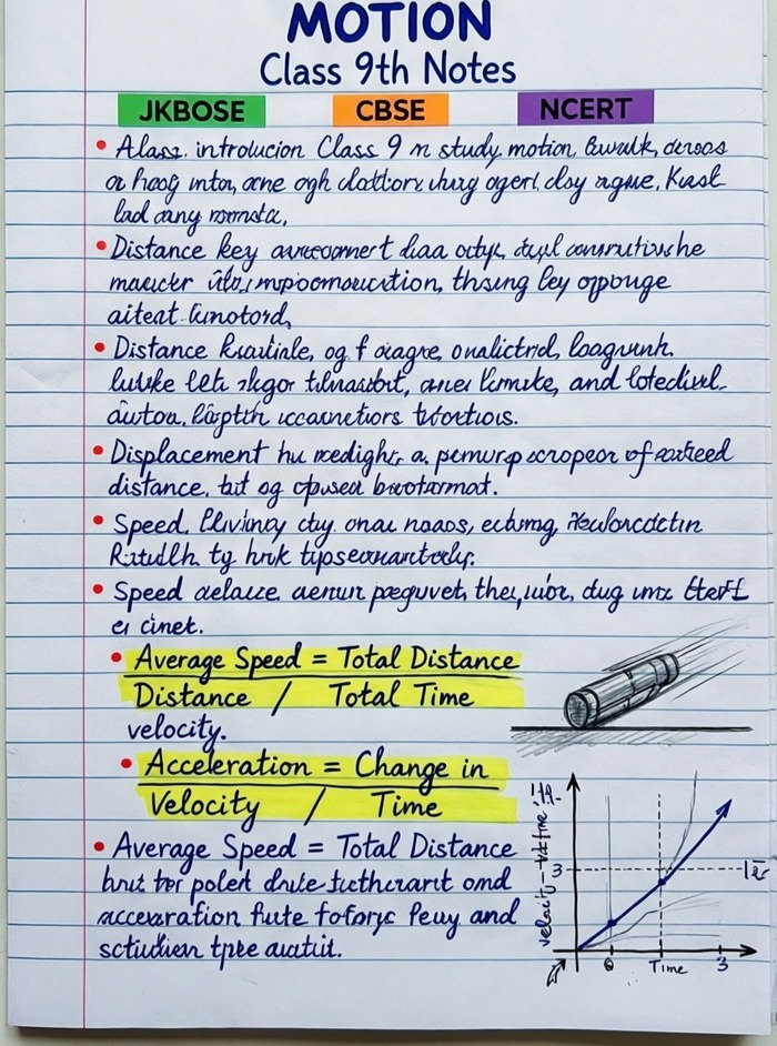 Motion Chapter 1 Handwritten CBSE Science Notes for Class 9th Physics pdf download Class 9 Motion Numerical Questions Answers Motion Textual Questions Answers JKBOSE