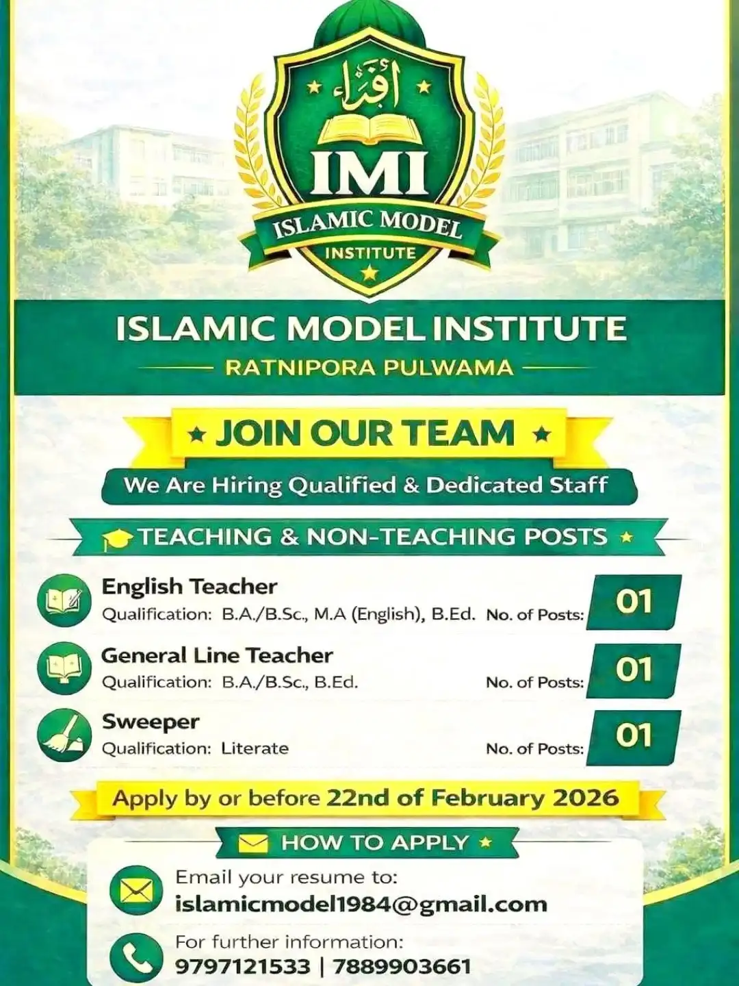 School Teaching Jobs Recruitment in IMI Pulwama
islamic model institute Ratnipora pulwama
2026