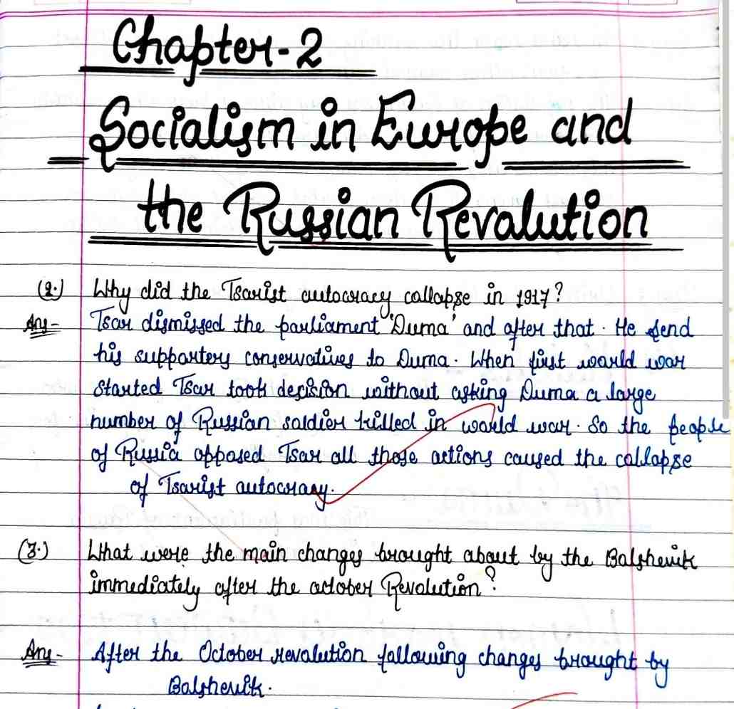 Handwritten CBSE Question Answers for Class 9 History Chapter 2 Socialism in Europe and Russian Revolution Jkbose Pdf download Class 9 SST History Chapter 2 Solutions Notes