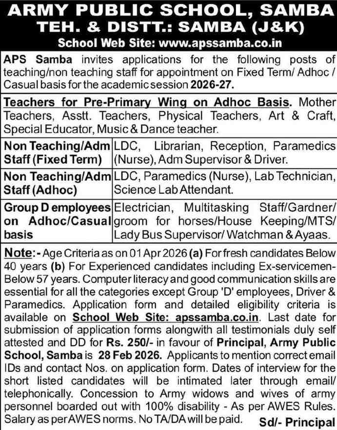 Army Public School APS Samba Jobs Recruitment 2026 2027 APS Samba jobs