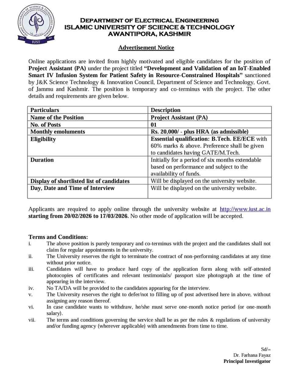 IUST Awantipora Job Vacancy Recruitment for Btech Graduates 2026 IUST Latest Job Notification Project Assistant Salary