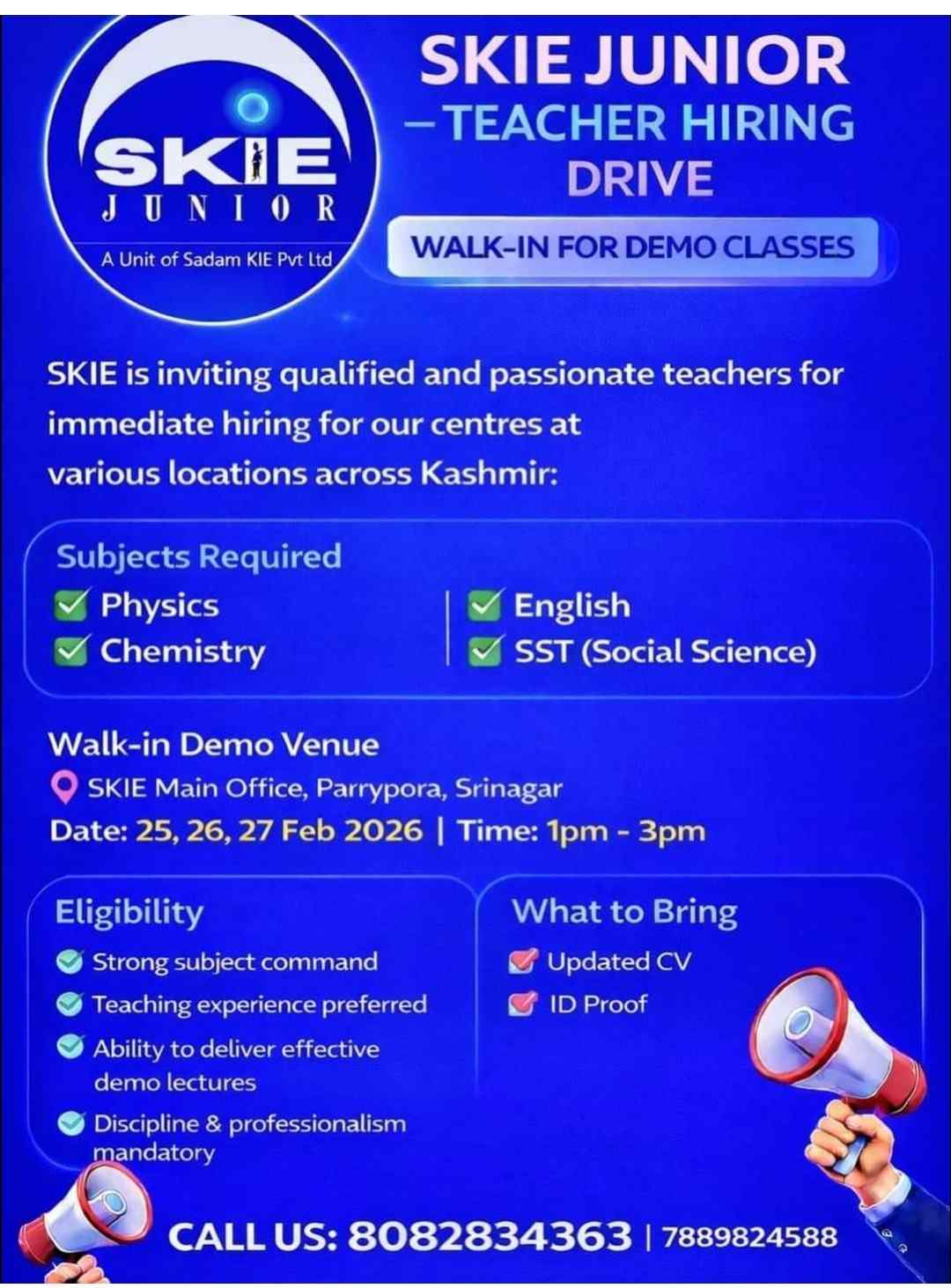 SKIE Classes Srinagar Jobs Recruitment 2026