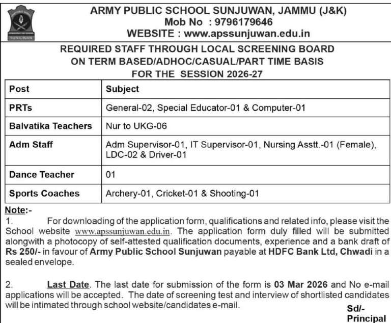 Teaching Jobs Recruitment in Army Public School Sunjuwan 2026 army public school sunjwan jammu jobs