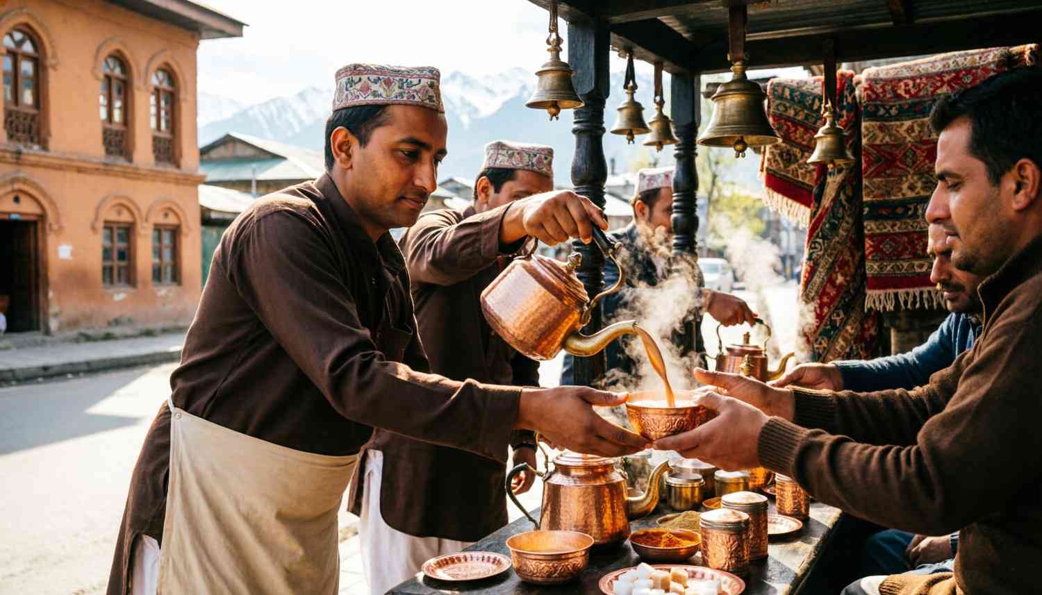 Best Places To Have Kashmiri Kahwa Tea in Srinagar Authentic Kashmiri samovar tea preparation What to eat with Kashmiri kahwa Shikara kahwa on Dal Lake cost Where to buy Pampore saffron for kahwa Street food and tea tour in Srinagar Sugar-free kahwa options in Srinagar Luxury hotels in Srinagar with kahwa service Sunset kahwa experience at Dal Lake Kashmiri kahwa ingredients and spices 3-day Srinagar itinerary for food lovers 2026 Kashmiri Kahwa Price