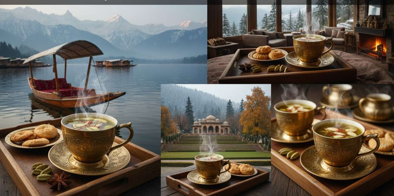 Best Places To Have Kashmiri Kahwa Tea in Srinagar Authentic Kashmiri samovar tea preparation What to eat with Kashmiri kahwa Shikara kahwa on Dal Lake cost Where to buy Pampore saffron for kahwa Street food and tea tour in Srinagar Sugar-free kahwa options in Srinagar Luxury hotels in Srinagar with kahwa service Sunset kahwa experience at Dal Lake Kashmiri kahwa ingredients and spices 3-day Srinagar itinerary for food lovers 2026 Kashmiri Kahwa Price