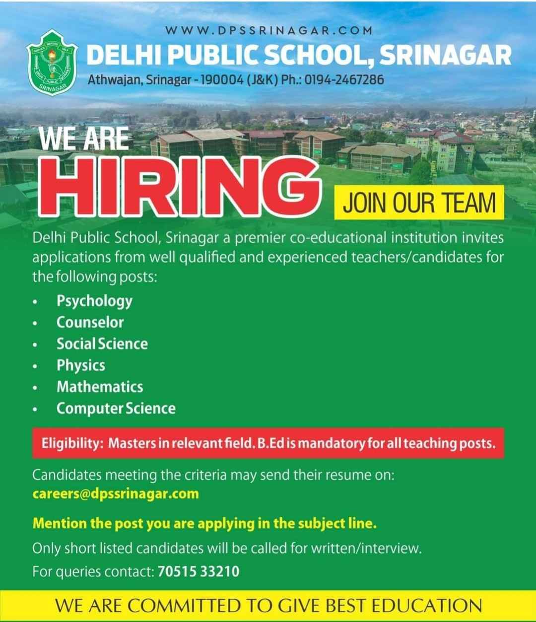 Delhi Public School DPS Srinagar Jobs Recruitment for Teachers DPS Srinagar Teaching Jobs 2026 2027 Delhi Public School Athwajan Recruitment