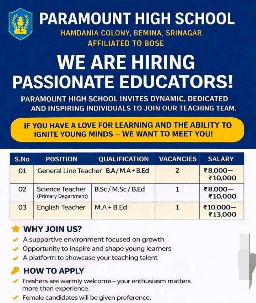 Srinagar Teacher Job Vacancies in Paramount High School
Paramount High School Bemina
2026
Females
Freshers
