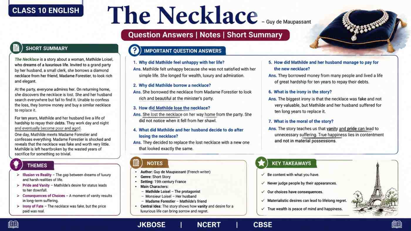 Class 10 English Question Answers Notes Summary for The Necklace
Pdf download
Jkbose
Ncert Solutions
Tulip series