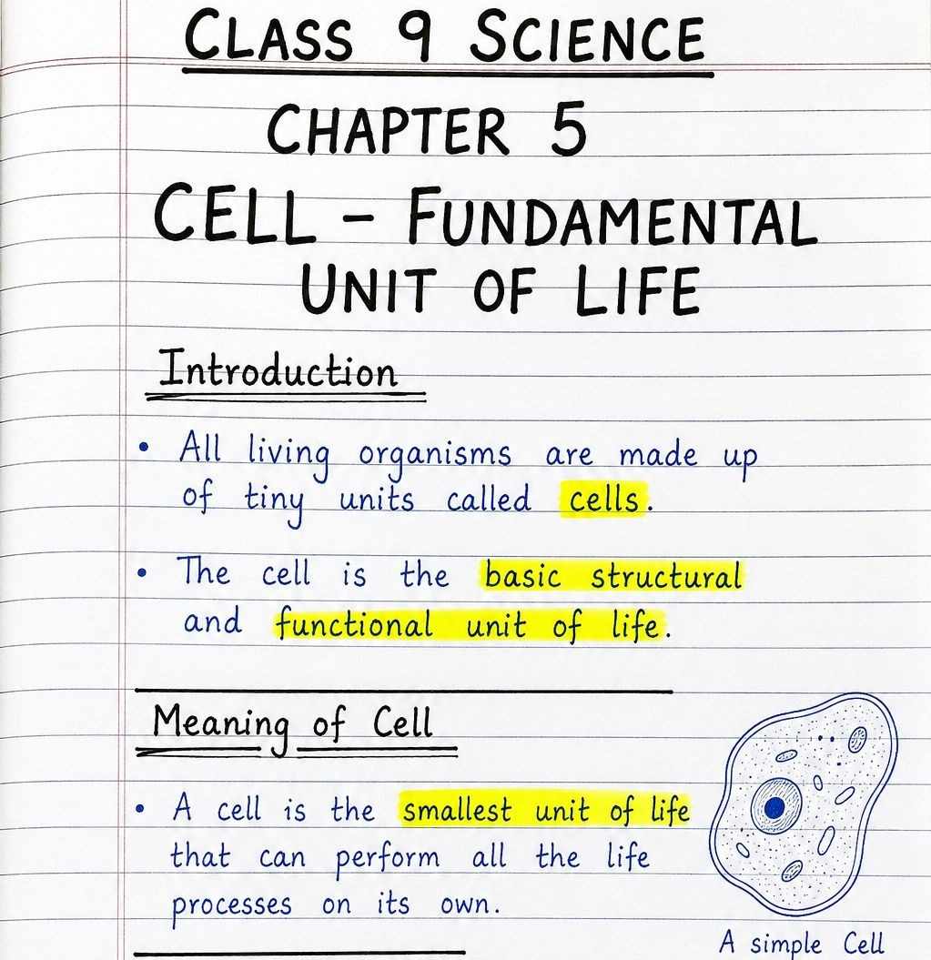 Class 9 Biology Chapter 1 Cell Handwritten Notes Solutions Pdf download Question Answers Jkbose CBSE NCERT